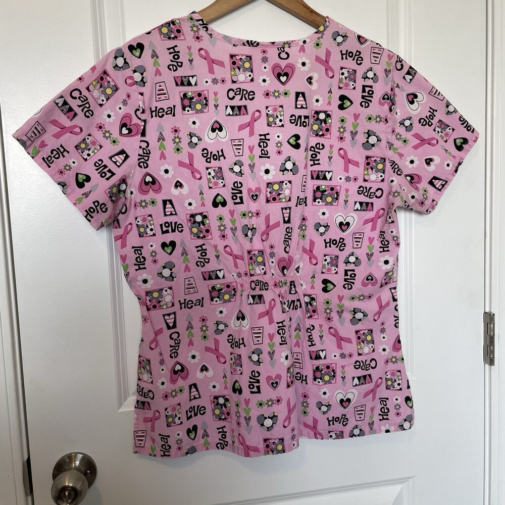 SB Scrubs Breast Cancer Awareness Pink Ribbons Hearts Scrub Top Size M Cotton - Picture 9 of 10